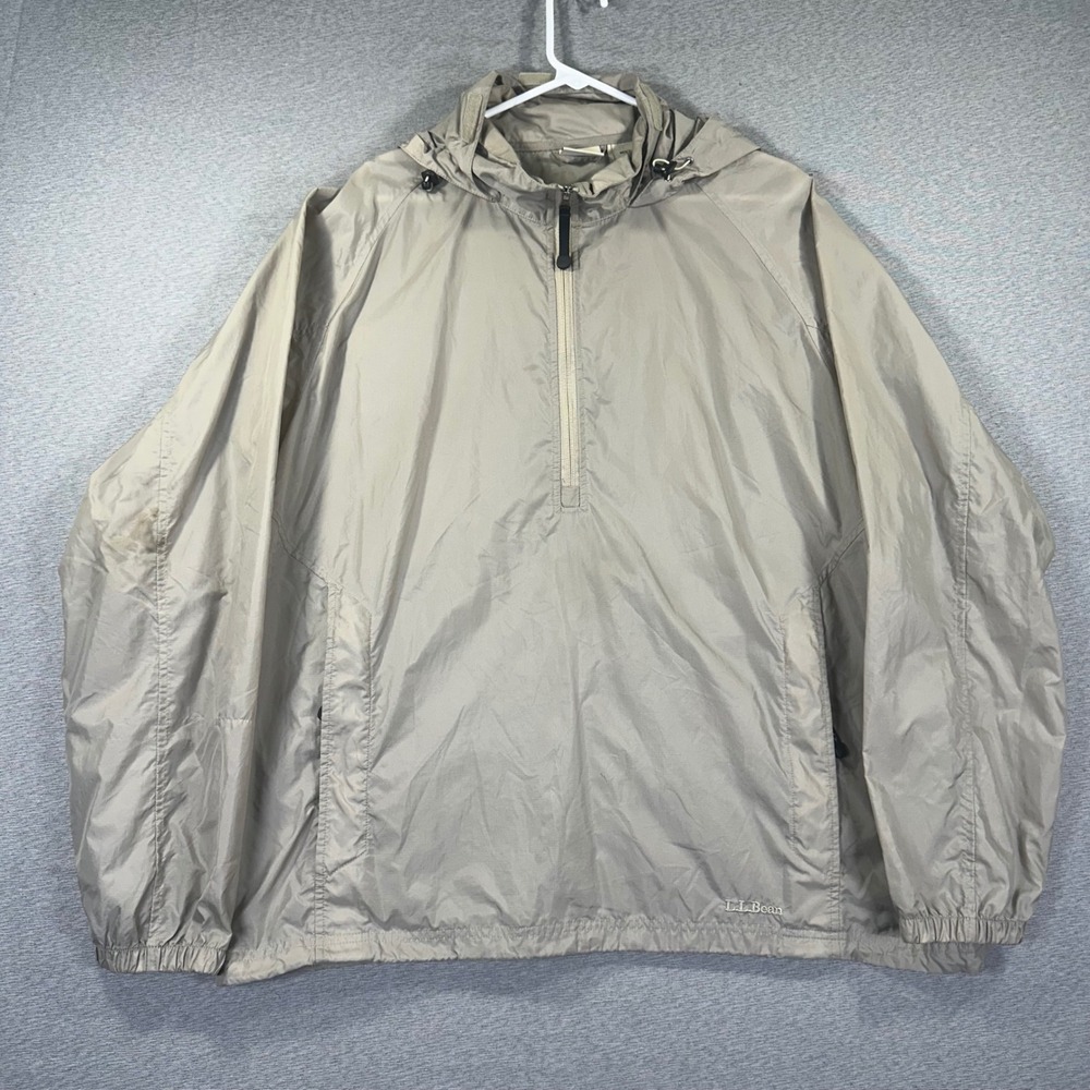 LL Bean Anorak Windbreaker Mens XL Tan Nylon Quarter Zip Hooded Jacket Ripstop‎